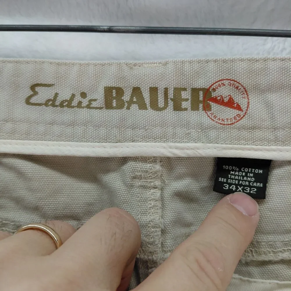 Eddie Bauer Ranger Jean Men 34x32 Beige Double Knee Canvas Heavyweight Work Pant
